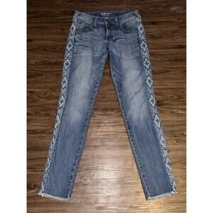 Ariat Boyfriend Jeans Womens 25R Blue Medium Wash Geometric Side Stripe Raw Hem